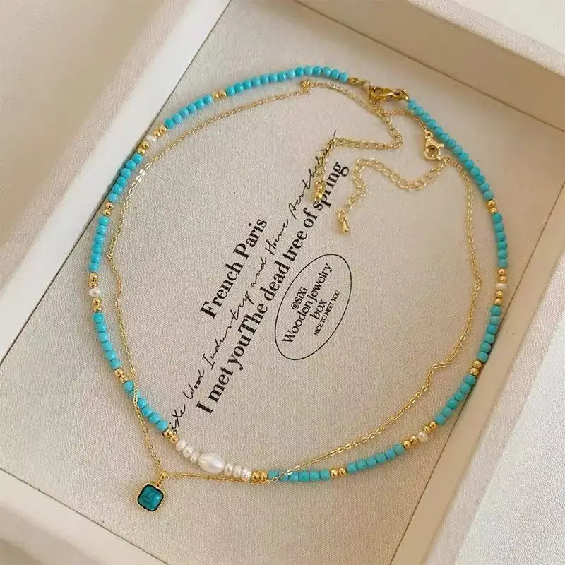 Elegant Double-layer Layered Imitation Turquoise Natural Pearl Beads Necklace Trendy Jewelry For Women's Sexy Collarbone Chain