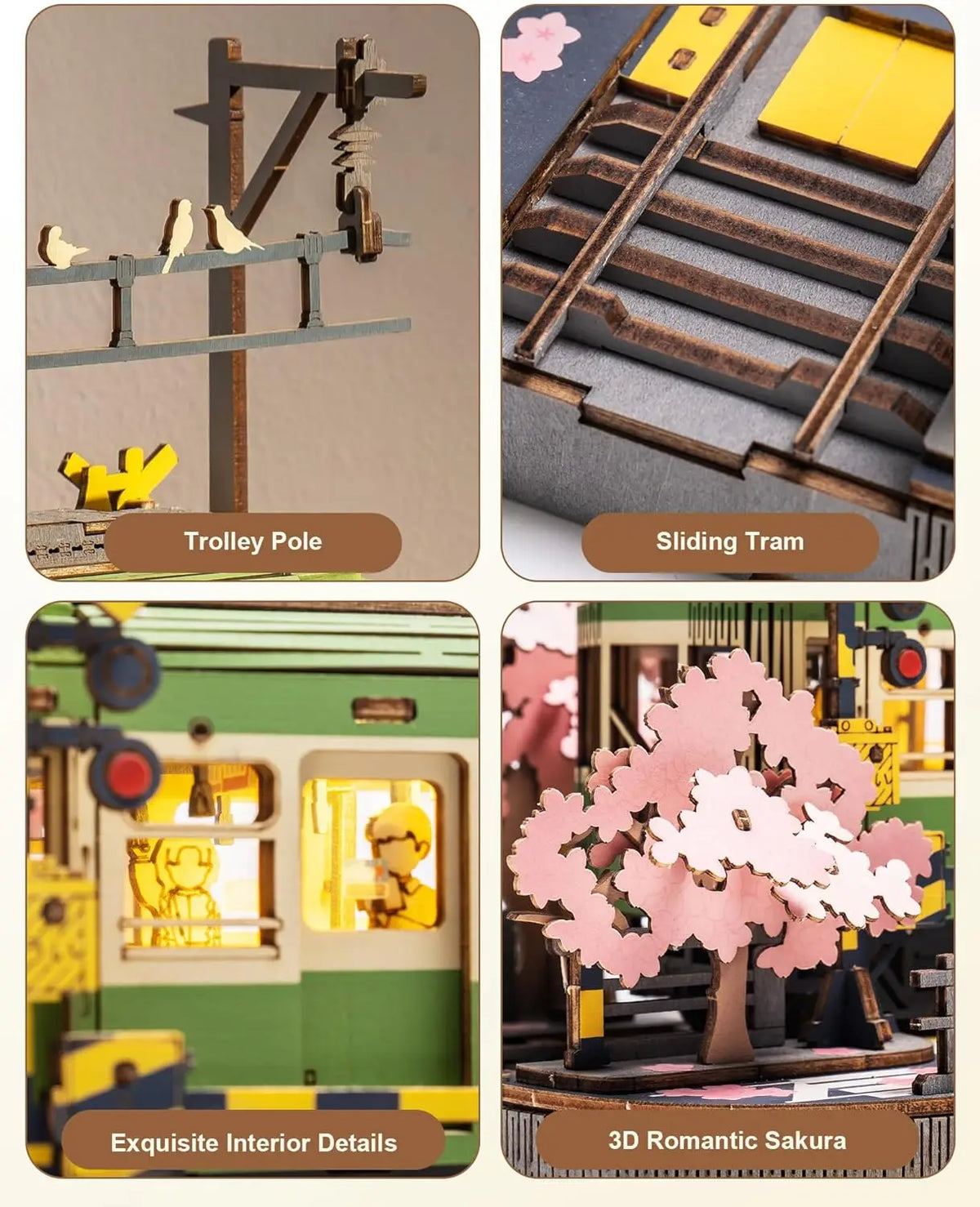 Robotime Sakura Journey Tram 3D Wooden Puzzles Model Car Kits Building Set Creative Gift STEM Toy for Girls Boys 223PCS
