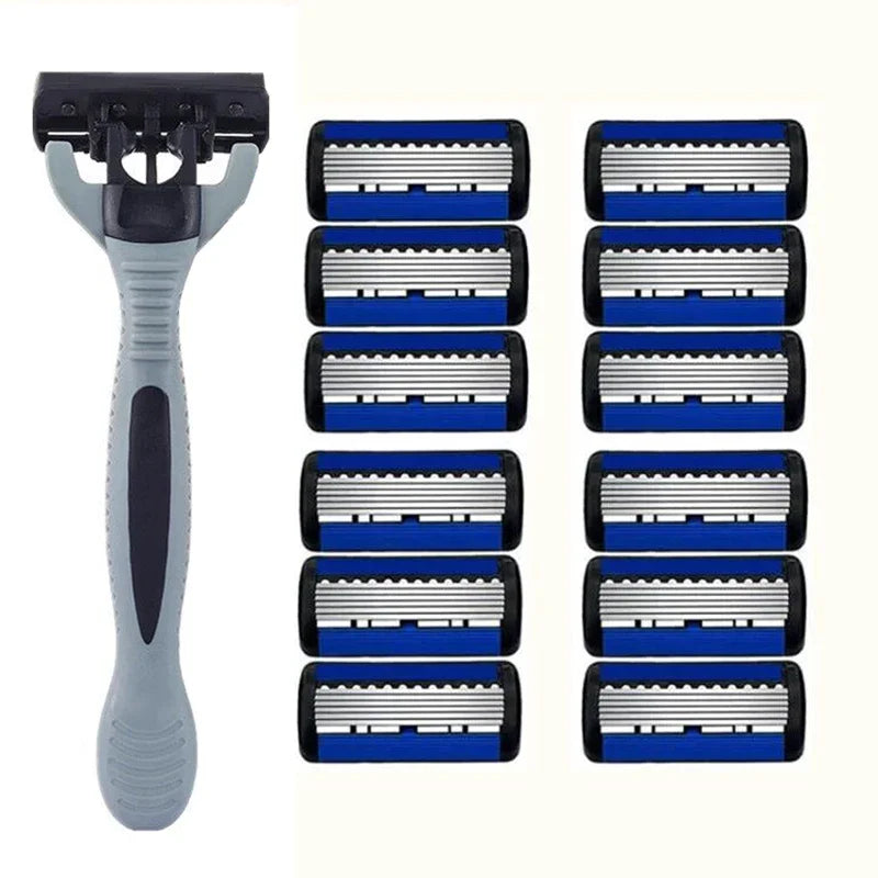 1 Handle + 3 Blades/ Men Women Manual Safety Razor 6-Layer Stainless Steel Hair Removal Shaving Replaceable Shaver Head