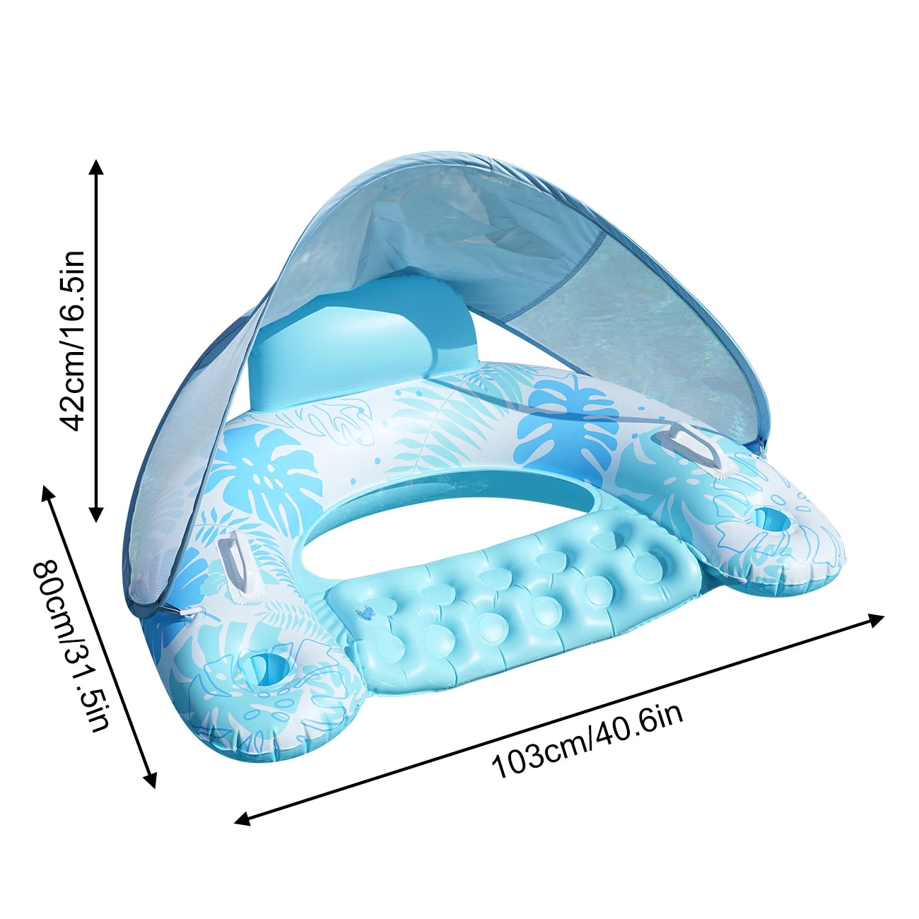 Inflatable Pool Floats Chair with Canopy, Adult Swimming Pool Lounger, Sun Shade Floating Raft Cup Holder for Beach Lake Summer