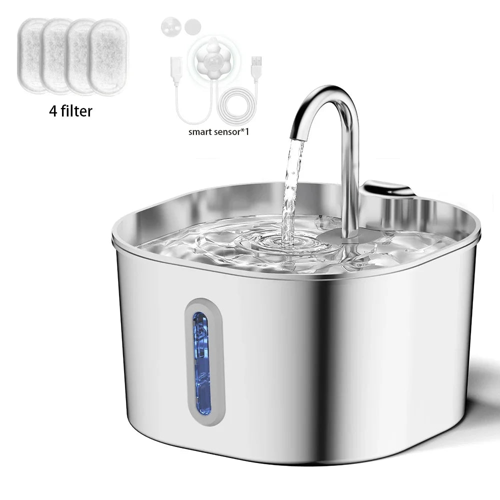 2.2L Automatic Cat Water Fountain Square Stainless Steel Dog Cat Dispenser Silent Water Pump Circulation Filtering Visual Window