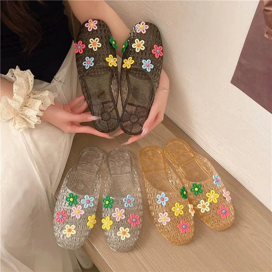 Fashion Women Jelly Slides Sandals Crystal Transparent Beach Slippers Flower Charm Flat Half Shoes Summer Outdoor Casual Sandal