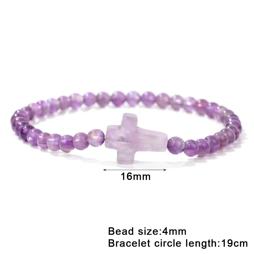 Trendy 4mm Beads Bracelet Stone Cross Charms Bracelet For Women Natural Gems Crystal Bangles Handmade Jewelry Men Yoga Prayer