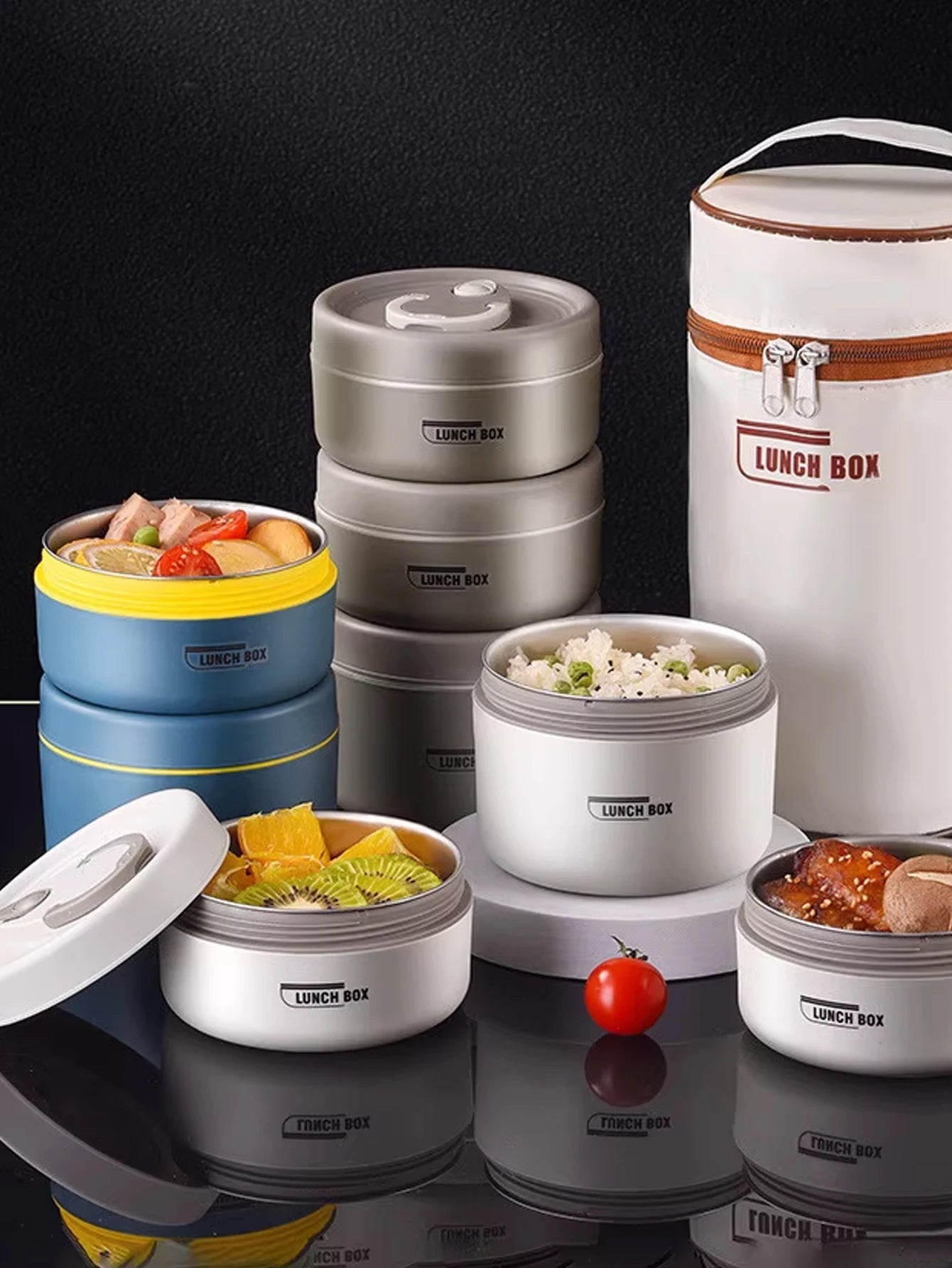 4pcs Portable Insulated Food Lunch Container Set with Thermal Lunch Box 3 Separate Stackable Lunch Container for Adult Kids