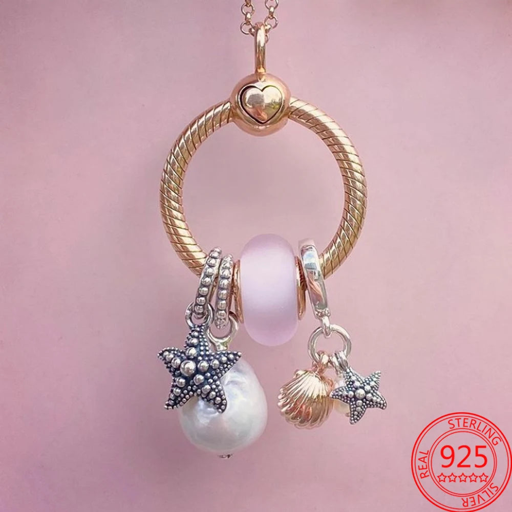 Nostalgic 925 Silver Red Dumbbells&Pink Motorcycles&Natural Pearl Shells&Hearts&Frosted Mura Charm Fit DIY Bracelet Jewelry