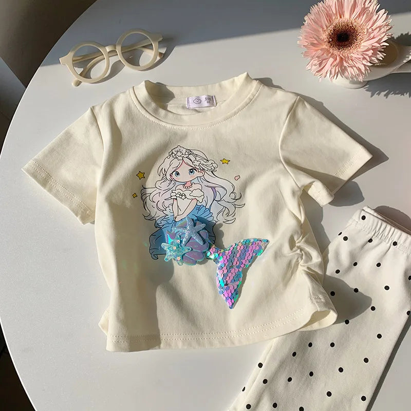 2-10T Mermaid Girls T Shirt Summer Toddler Kid Baby Clothes Short Sleeve Infant Princess Tee Top Loose Childrens Tshirt Outfit