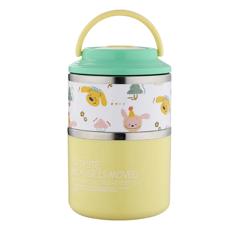 Thermos Bento Box Cartoon Pattern Double Layer Stainless Steel Lunch Box Office Workers Students Portable Thermos Food Container
