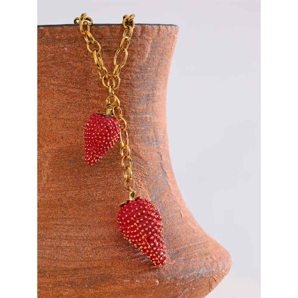 Yhpup Waterproof Sweet Red Lovey Strawberry Charms Pendant Necklace for Women Stainless Steel New Arrivals Trend Jewelry 2025