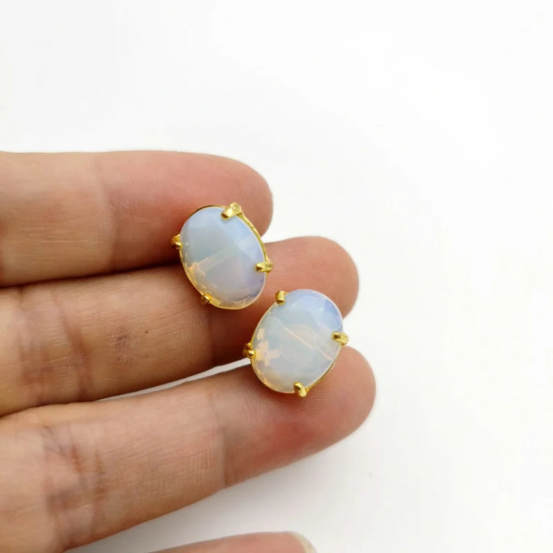 Oval Shape Stud Earrings Silver Color Natural Stone Faceted Pink Quartz Crystal Tiger Eye lapis lazuli Healing Jewelry Female