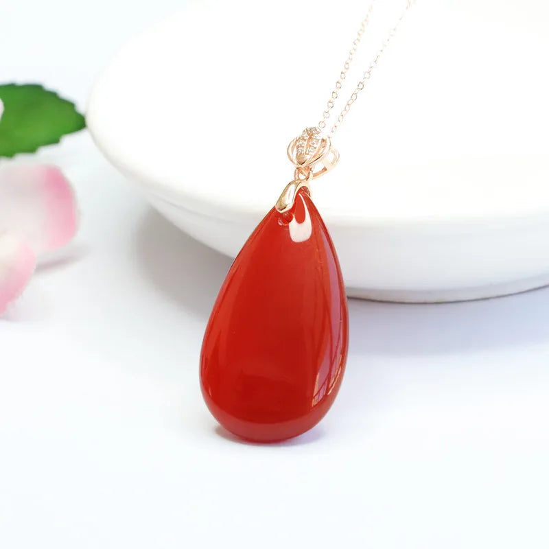 S925 Silver Inlaid Natural Red Agate Pendant,  Craftsmanship Timeless Accessory Water Drop for Man & Women Jewelry Party & Gift