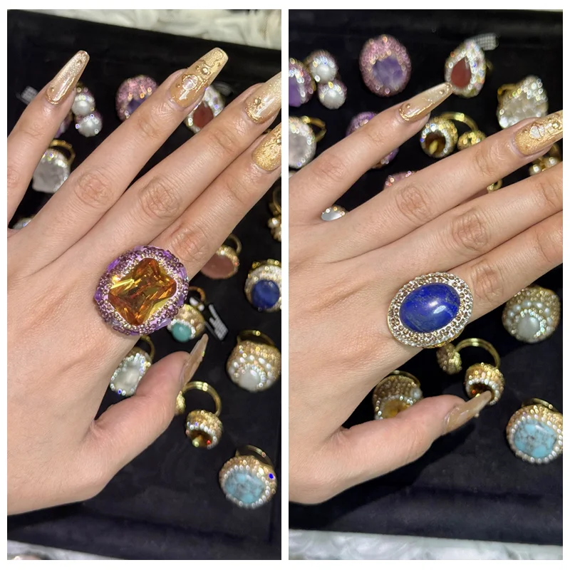 Natural Amethyst Freshwater Pearl Finger Rings Handmade Rhinestone Quartz Sudan Stone Jewelry for Women Mix Design Gemstone