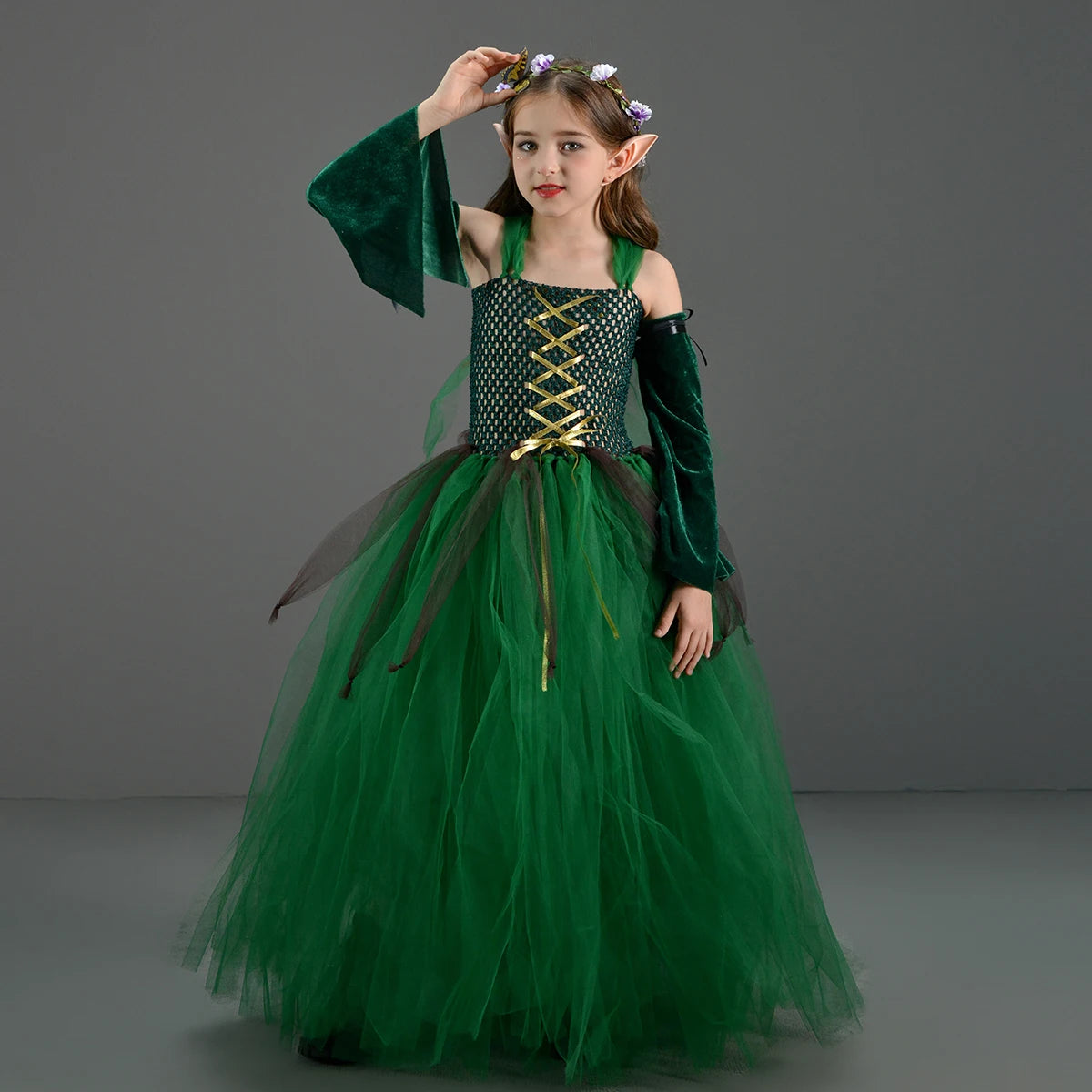 Kids Wood Elf Ball Gown Costume Girls Woodland Festival Green Medieval Tutu Dress for Halloween Cosplay Elf Earrings Clothing