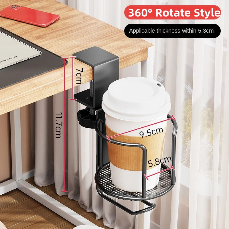 2 in 1 Desk Cup Holder with Headphone Hanger Holder, Anti-Spill Clip-On Table Cup Hook with 360° Rotation for Office Home Table
