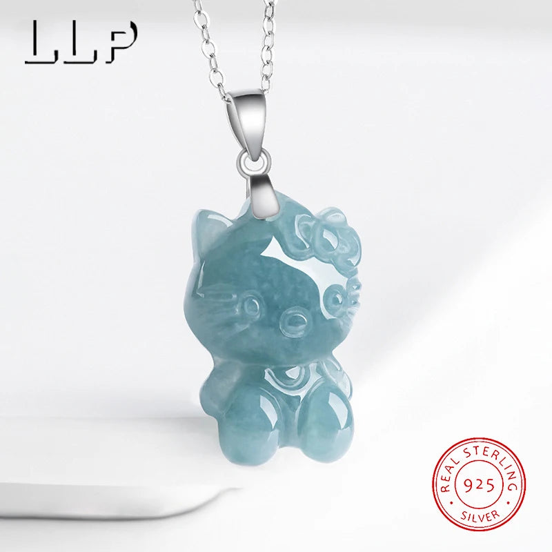 Natural Blue Water Jade Kitty Cat Pendant S925 Silver Clasp Hand Carved Cute Girl Accessory Birthday Gift
