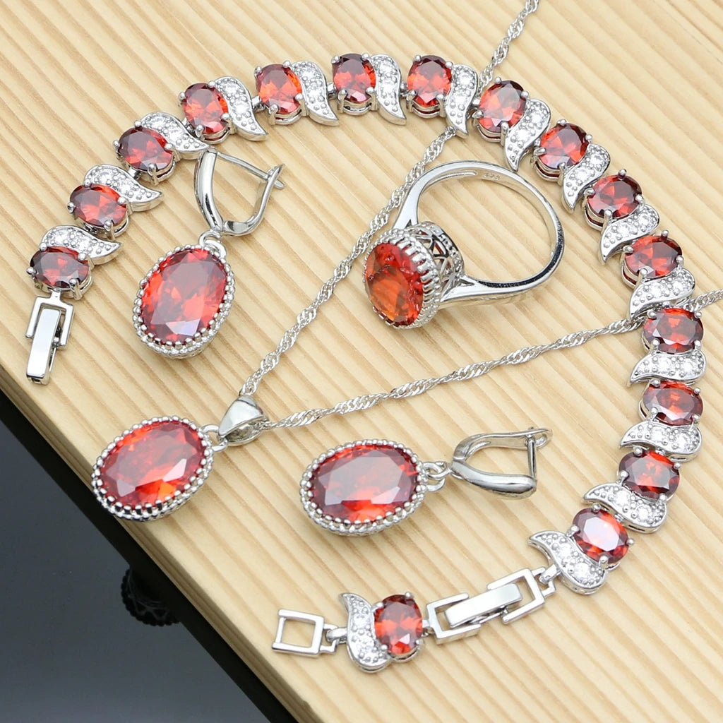 Natural 925 Silver Jewelry Red Birthstone Charm Jewelry Sets Women Earrings/Pendant/Necklace/Ring/Bracelets T055