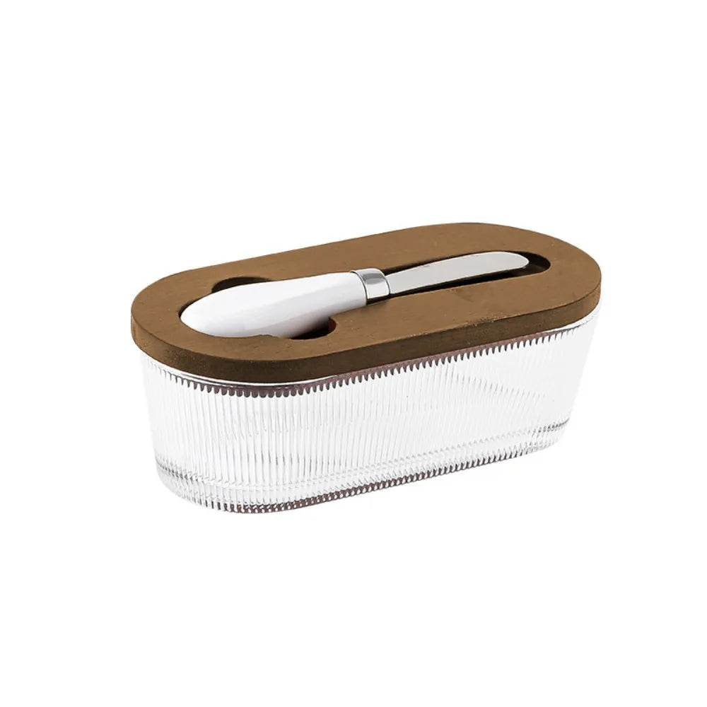Durable Oval Shape Glass Butter Box Visible Fresh-keeping Butter Dish With Lid and Spatula Transparent Butter Container Baking