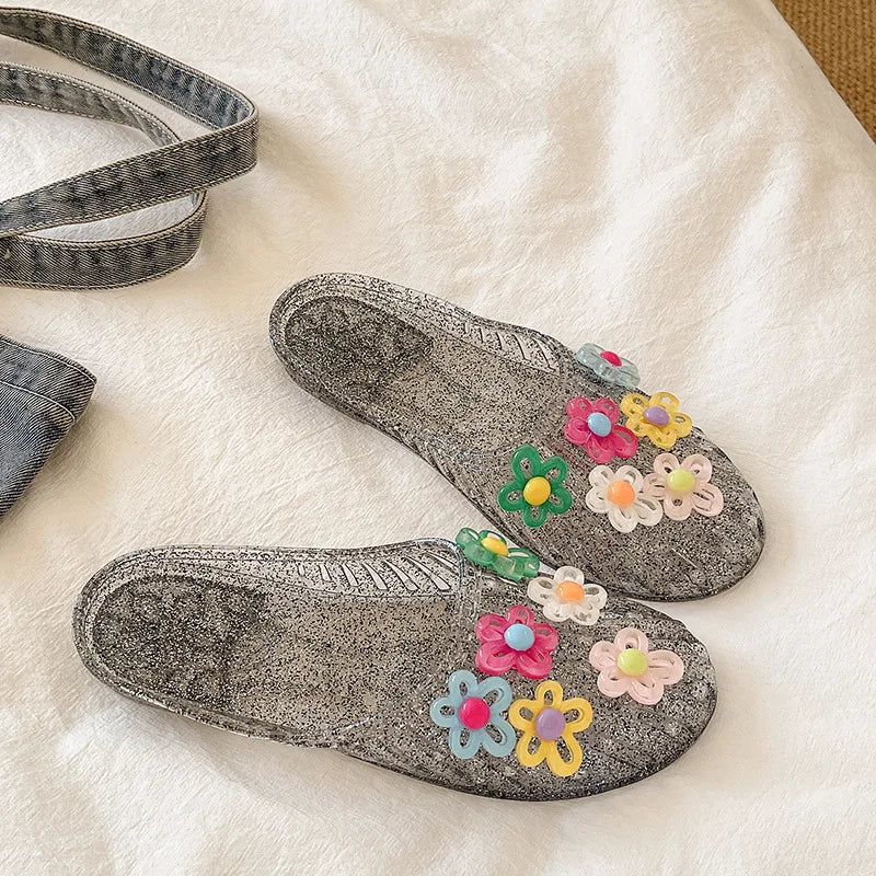 Fashionable Jelly Shoes Women's 2026 Summer Korean Style DIY Colorful Flower Mules Sandals Woman Transparent Crystal Beach Slide