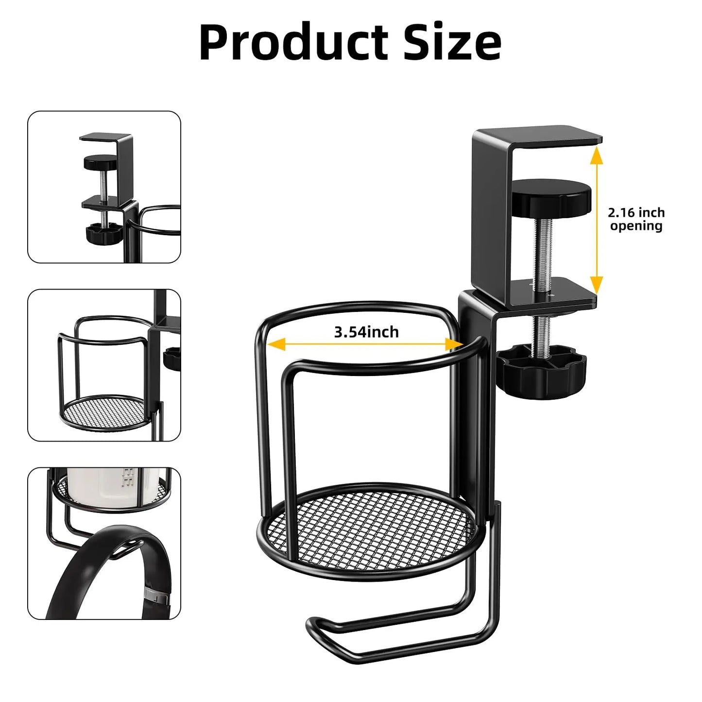 2 in 1 Desk Cup Holder with Headphone Hanger Holder, Anti-Spill Clip-On Table Cup Hook with 360° Rotation for Office Home Table