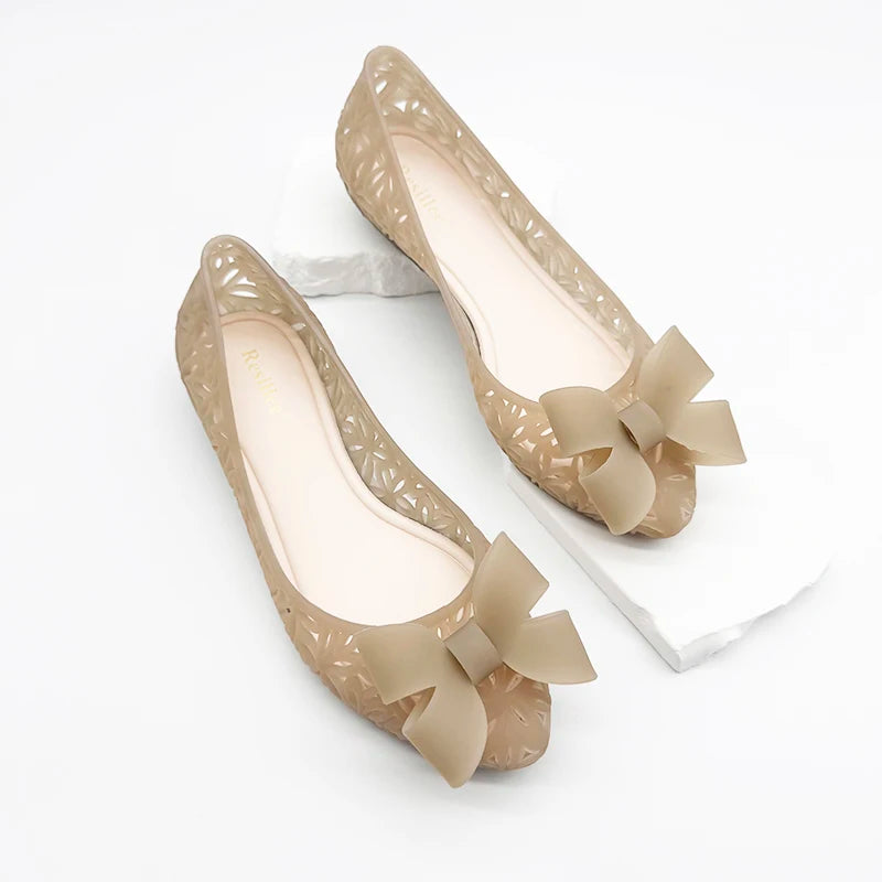 Resillee Women's Pointed Toe Ballet Flats Soft Waterproof Hollow Out Jelly Shoes Non-slip Slip-on Casual Shoes with Bow