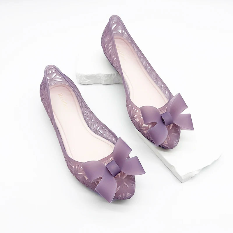 Resillee Women's Pointed Toe Ballet Flats Soft Waterproof Hollow Out Jelly Shoes Non-slip Slip-on Casual Shoes with Bow