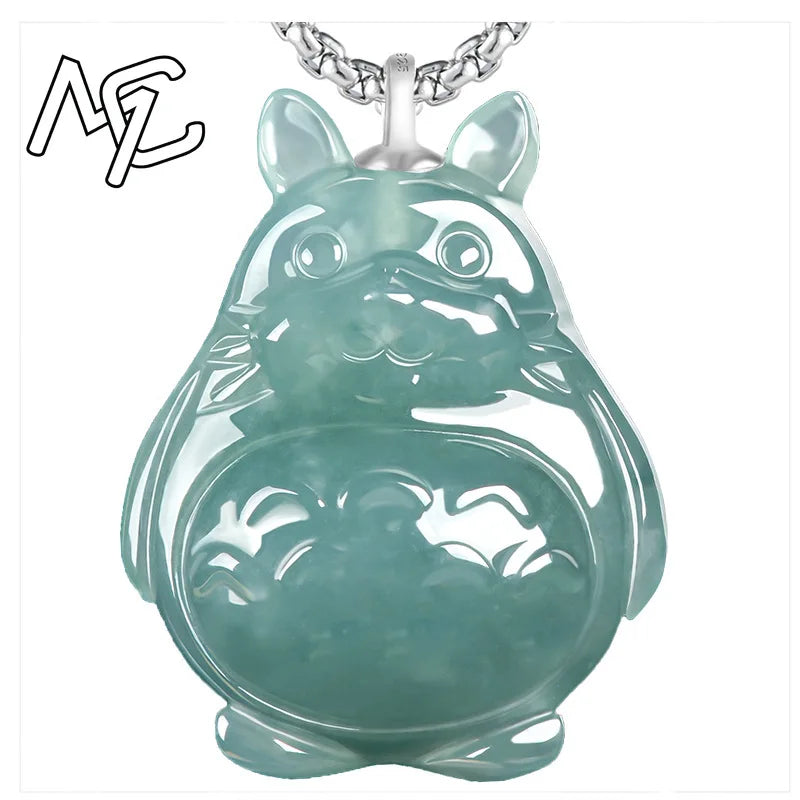 S925 silver Natural Blue Water Jade Cartoon Totoro Pendant Necklace Real Carved Charm Jadeite Jewelry Fashion Amulet Gifts Women