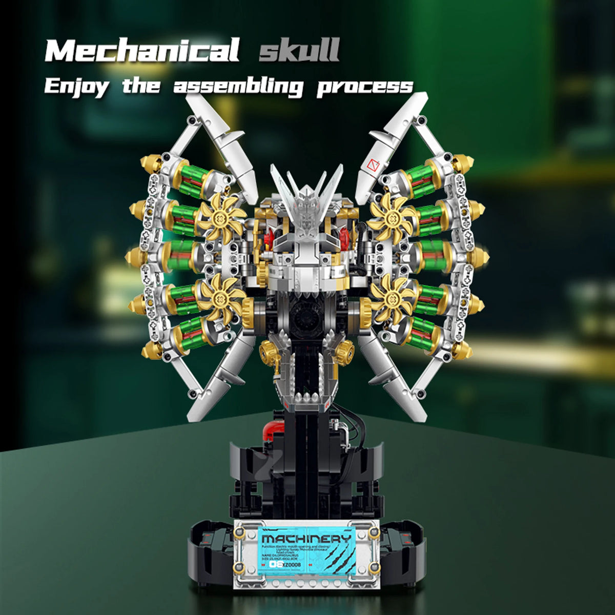 953PCS Dilophosaurus Mechanical Skull Model Kit Small Particle Assembly Blocks Electric Version Dinosaur Robot Toy Gift