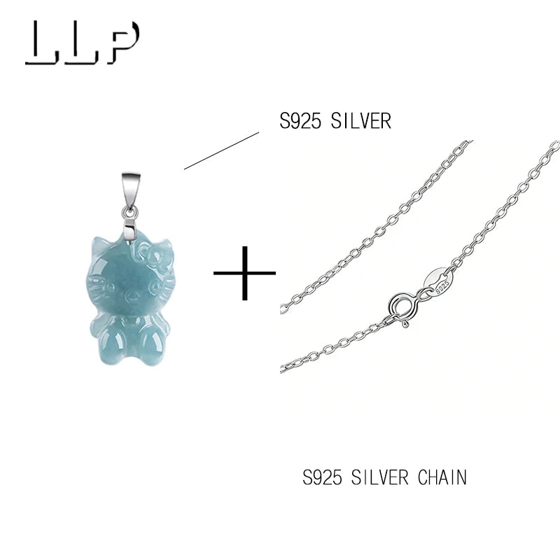 Natural Blue Water Jade Kitty Cat Pendant S925 Silver Clasp Hand Carved Cute Girl Accessory Birthday Gift