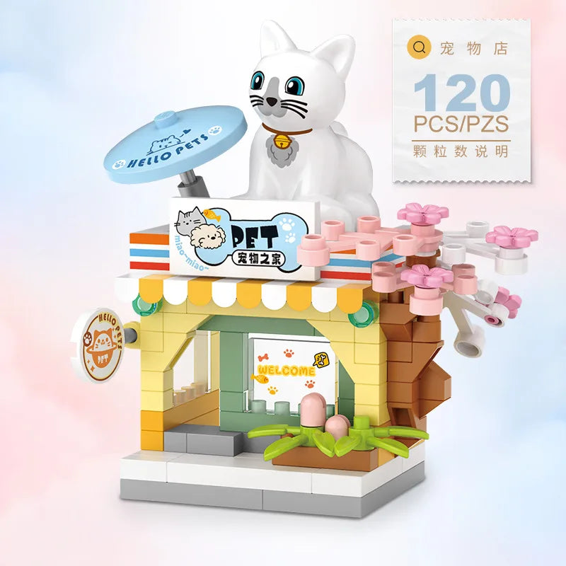 NEW Restaurant Dessert Coffee Pet Fruit Store Street View Food House Building Blocks Kit  Bricks Model Toy