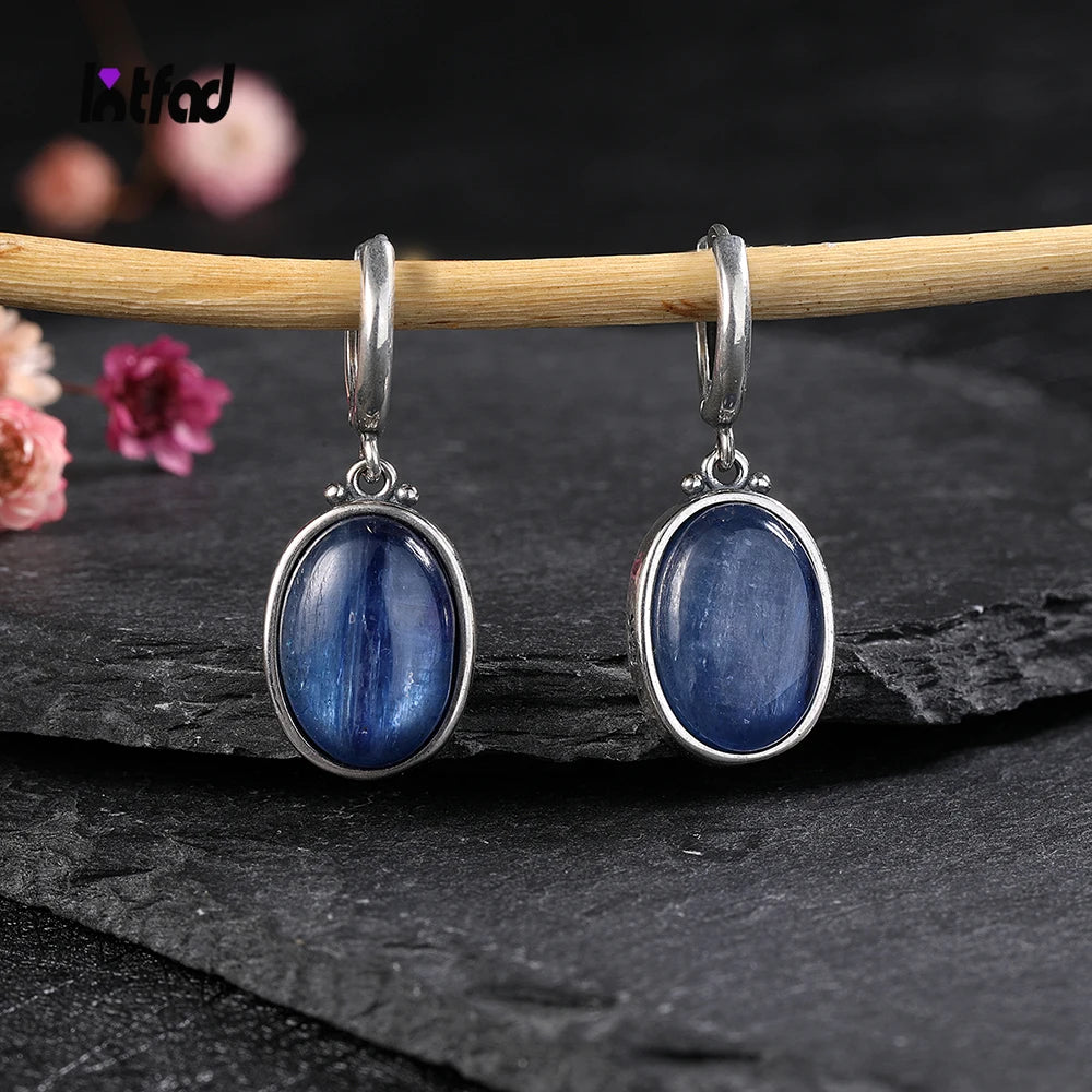 Simple Style Large Oval Natural Kyanite S925 Silver Hoop Earrings Gems Elegant Pendant Luxury Jewelry Anniversary Gift