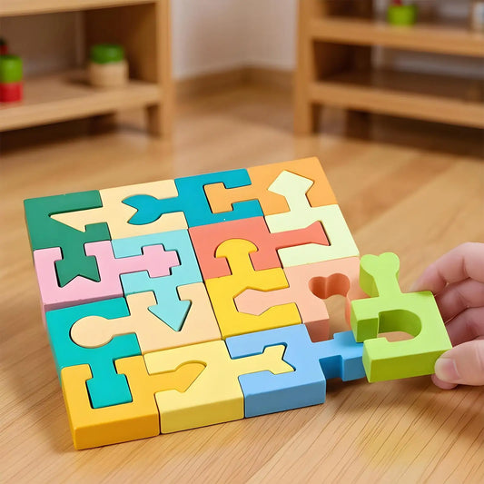 Wooden Puzzles Geometric Shape Matching Toy 16 Pcs Jigsaw Puzzle for Kids Boys Girls Learning Home School Kindergarten Education