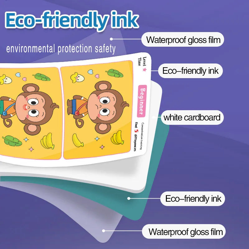 Find Differences Card Game Reusable Cartoon Educational Puzzle for Kids Three Difficulty Levels for Focus Attention Training