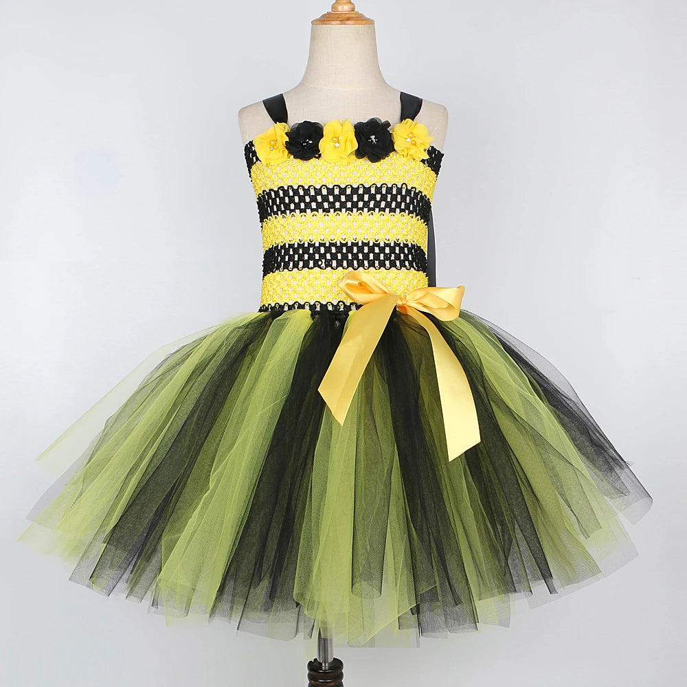 Baby Girls Flower Honeybee Costumes for Kids Yellow Black Little Bee Tutu Dress with Wings Children Birthday Halloween Outfits