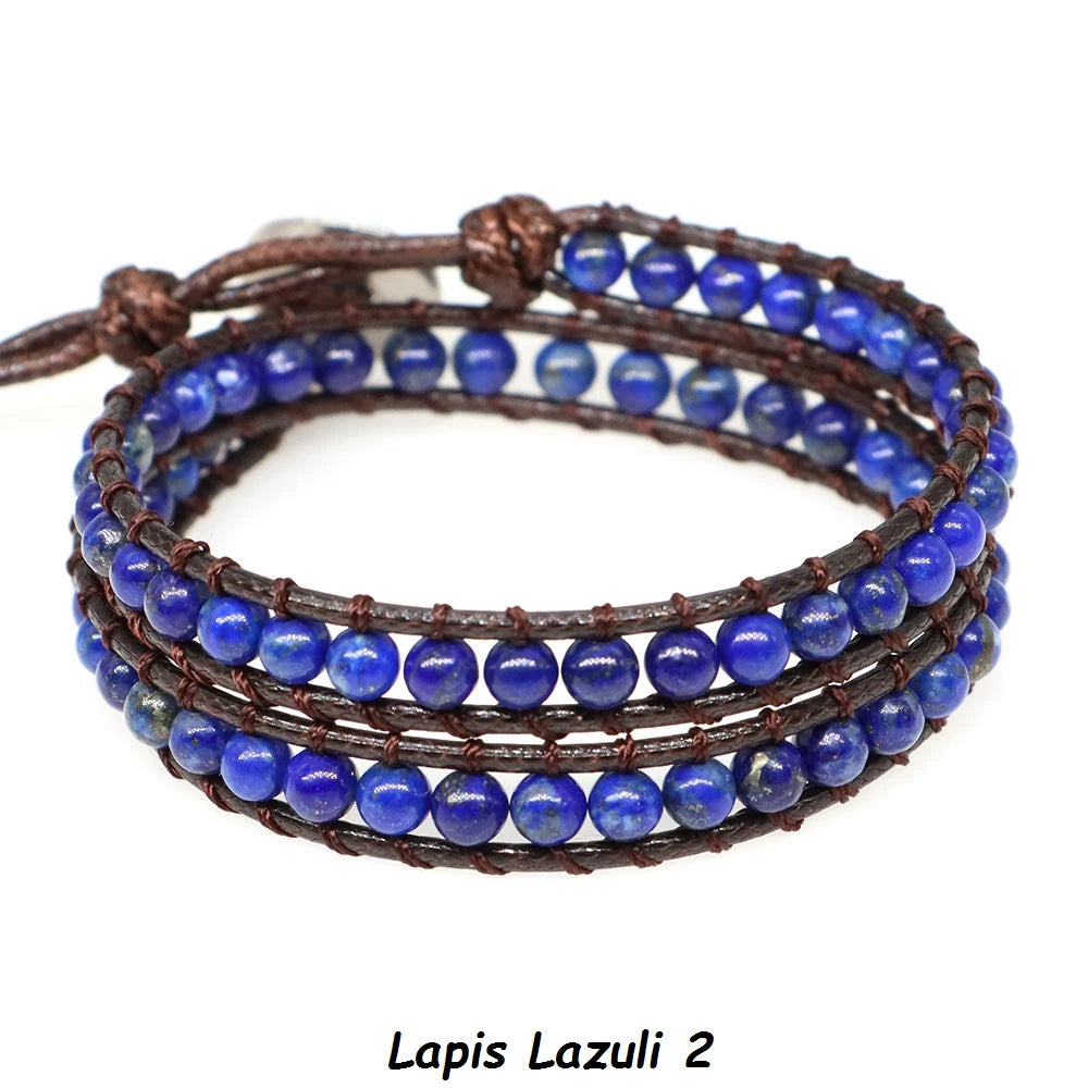 Natural Stone Bohemian Wrap Bead Bracelet Lapis Lazuli 2 Strands Multilayer Leather Rope Woven Bangle For Women Men Jewelry Gift