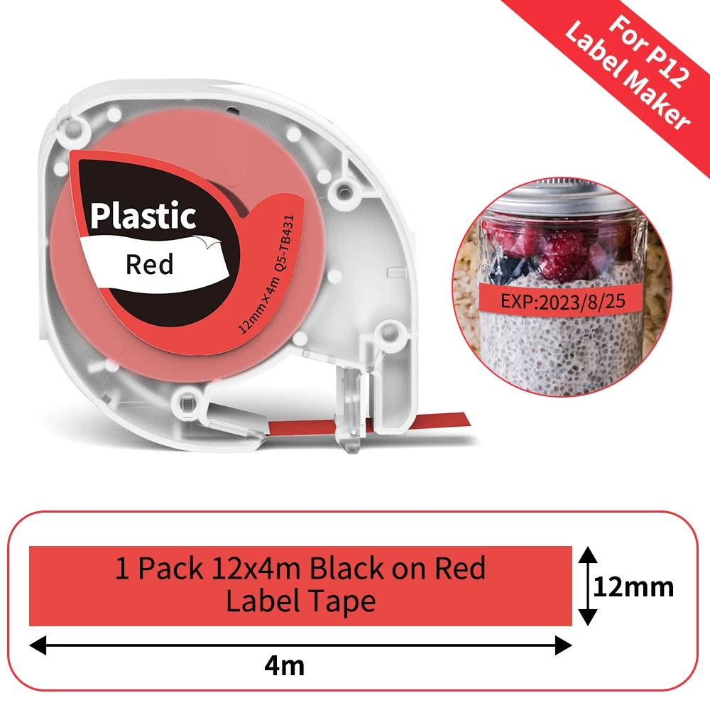 P12 Label Tape Compatible with Dymo LetraTag 200B Refills LT-100H Label Replacement for Phomemo P12 PRO Label Maker 12mm x 4m