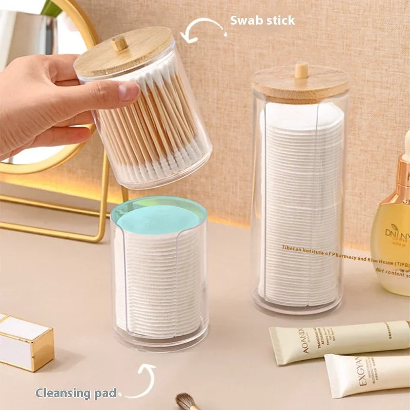 1pcs Cotton Swab Storage Box Acrylic Jar Makeup Organizer Cotton Round Pad Holder Box Q tip Holder Dispenser with Bamboo Lid