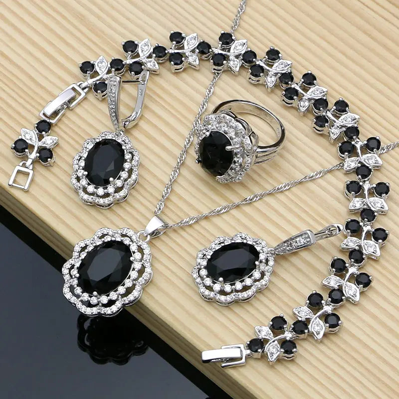 Women Silver 925 Costume Jewelry Sets Natural Black Stones Earrings Fashion Jewelry Gift for Her Party Bracelet Necklace Sets