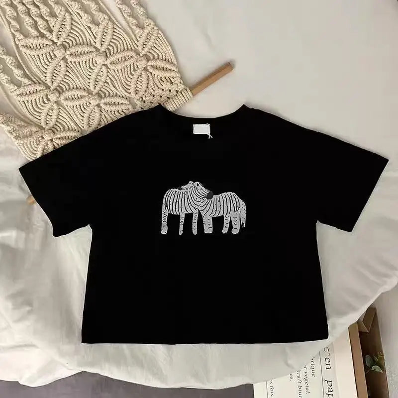 ‌Korean Style Summer Kids T-Shirt Cute Cartoon Print Loose Fit Drop Shoulder Mid-Sleeve Top for Baby Boys Girls Toddler Clothes