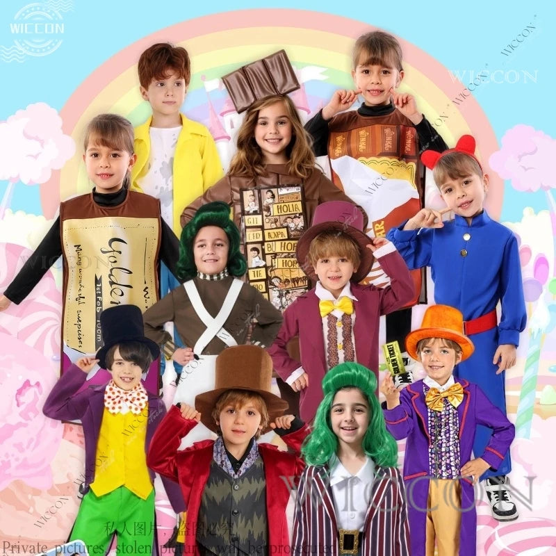 Chocolate Factory Willy Cosplay Costume Charlie Uniform Child Role Play Outfit Full Suit Halloween Masquerade Kid Cloth Jumpsuit