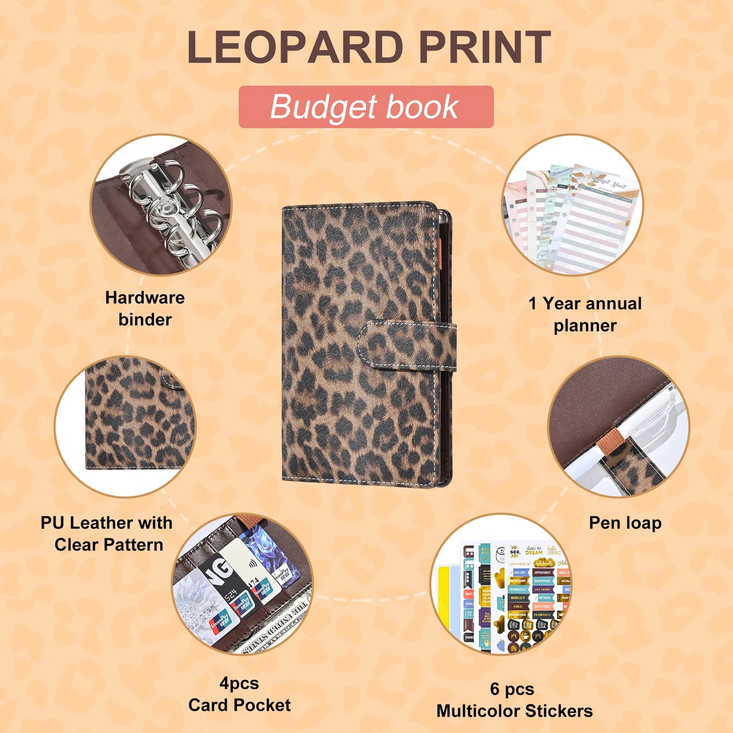 A6 Leopard Print Loose Leaf Cover Plan Book Binder 6 Holes Cash Budget Binder Notebook Office Stationery