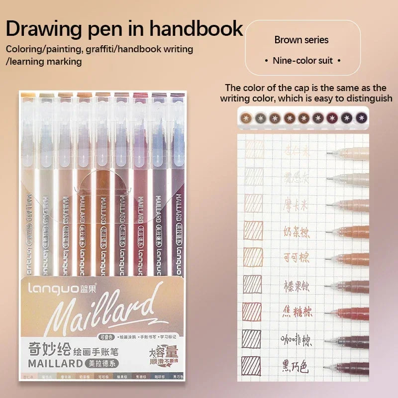 Languo Gel Pen Large Capacity Handbook Pens 6/9Pcs 0.6mm Student Art Diy Doodling Drawing Markers Office Kawaii Art Stationery