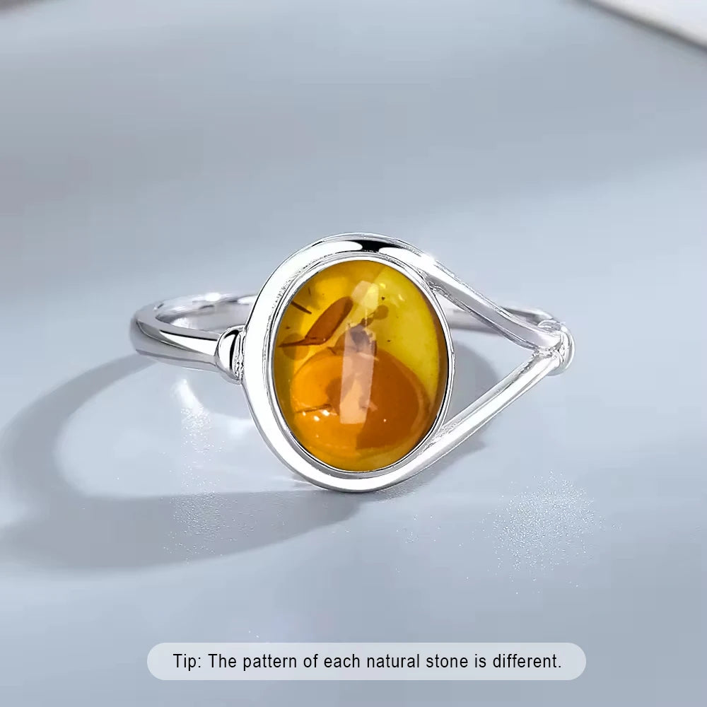 S925 Sterling Silver Ring With Natural Amber Stone Flower Shape Oval Petal Amber Stone Gifts Fine Jewelry For Women