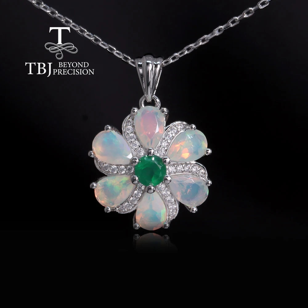 S925 silver flower shape original design with natural ethiopia opal green agate gemstones fine jewelry for women elegant jewelry