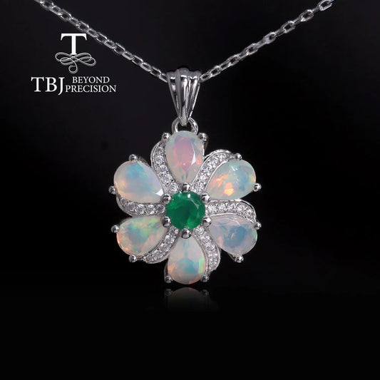 S925 silver flower shape original design with natural ethiopia opal green agate gemstones fine jewelry for women elegant jewelry