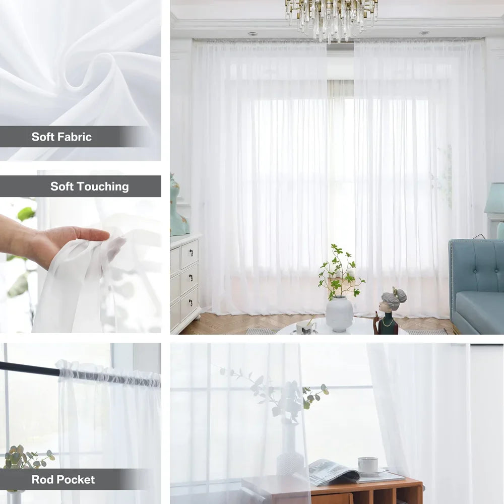 White Sheer Curtains Home Decoration Grommet/Rod Pocket Semi Tulle Window Treatments for Bedroom/Living Room