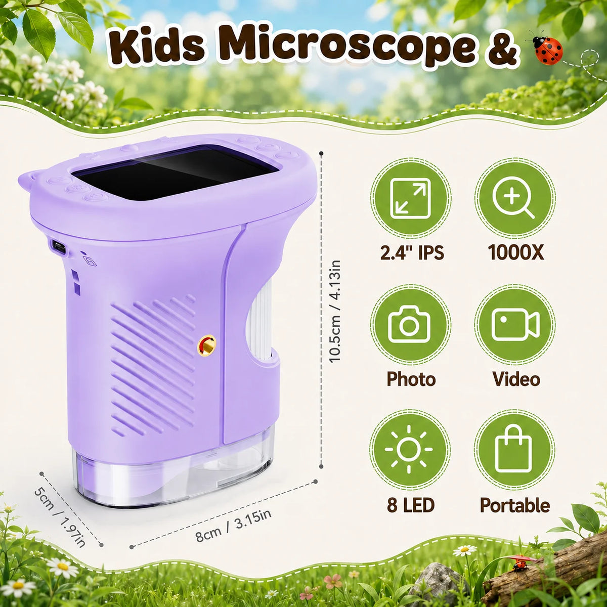 1000X Kids Digital Microscope 2.4" IPS Screen Portable Handheld Microscope Photo&Video 8LED STEM Science Toy Gift for Boys Girls