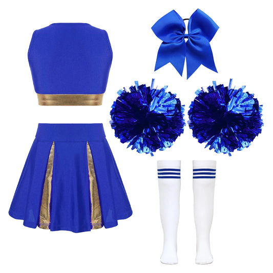 Girls Cheerleader Costume – 5-Piece Uniform with Pompoms & Socks, Sizes 6–16