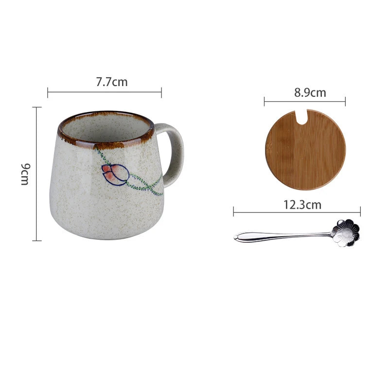 YWDL 350ml Japanese Ceramic Coffee Mug With Lid And Spoon Milk Breakfast Cups Home Heat-resistant Teacup Tumbler Water Mug Gift