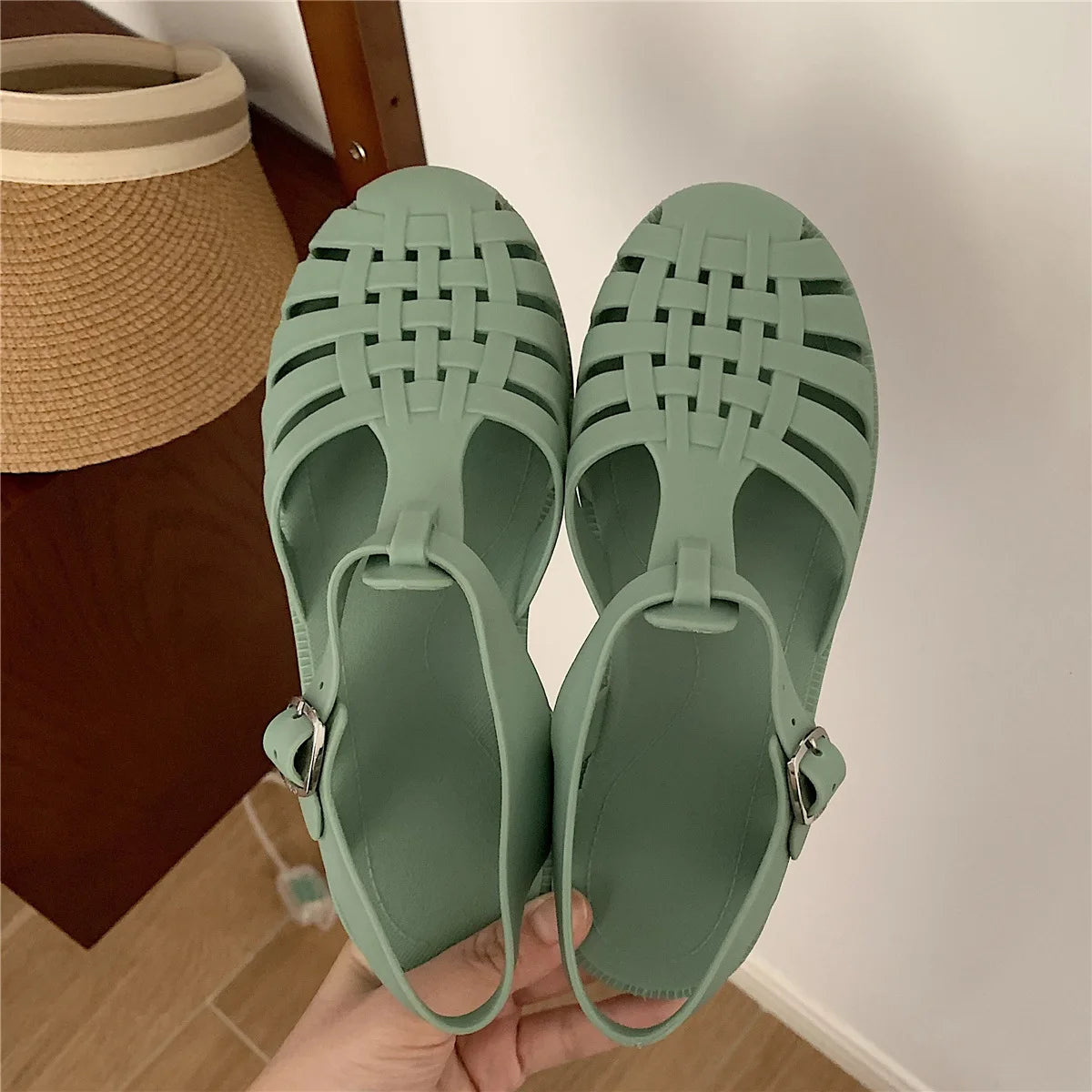 XIXITIAO Vintage Hollow Woven Roman Sandals Women Summer Korean-style INS Fairy Flat Closed-toe Jelly Beach Shoes