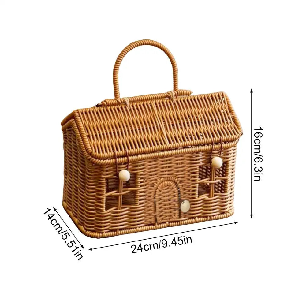 24x14x16cm Imitation Rattan House Shaped Basket With Lid Handle Decorative Hand Woven Shelf Organizer Home Decor Storage Baskets