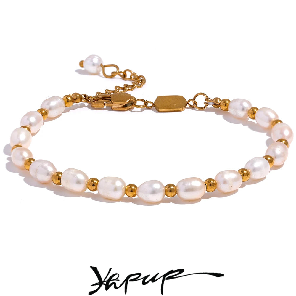 Yhpup Natural Freshwater Pearls Fashion Handmade Bracelet Bangle Women Waterproof PVD Charms Stainless Steel Beads Jewelry Gift